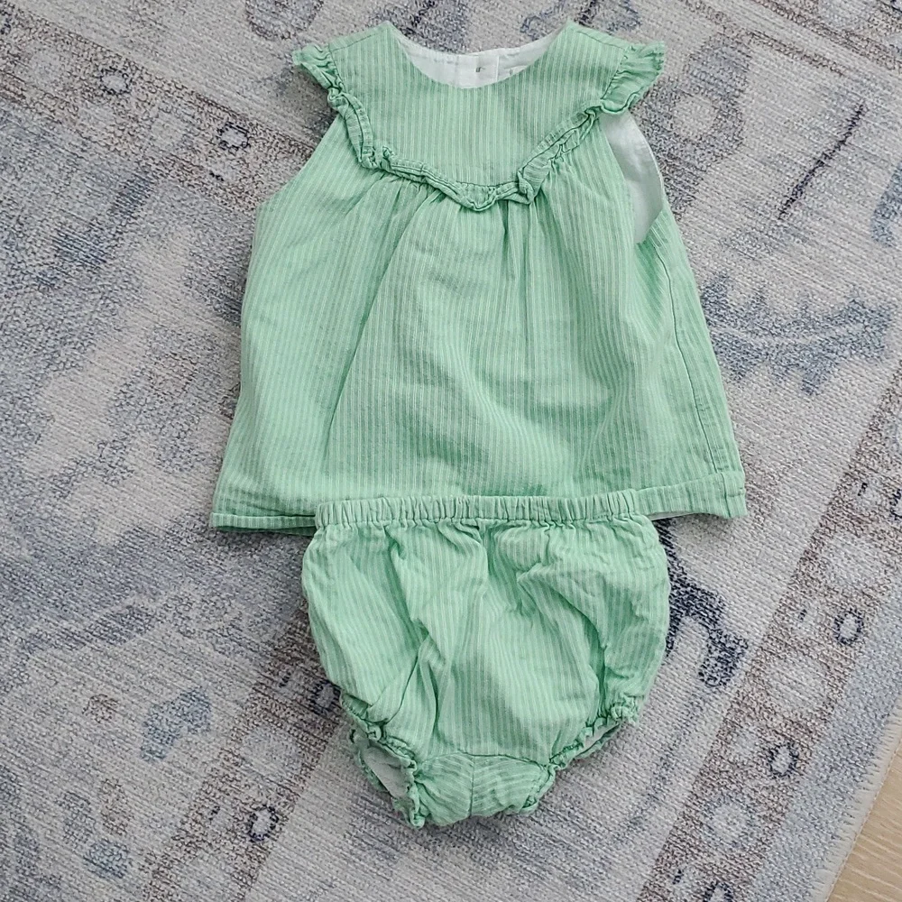 Janie and Jack Baby Girls Green White Pinstriped Lined 2-piece Outfit Sz18-24m